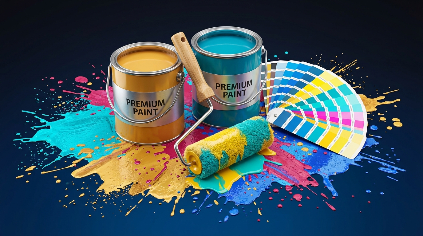 Color paint cans and roller splash