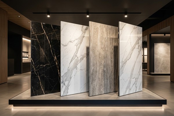 Showroom floor tiles with glossy reflections
