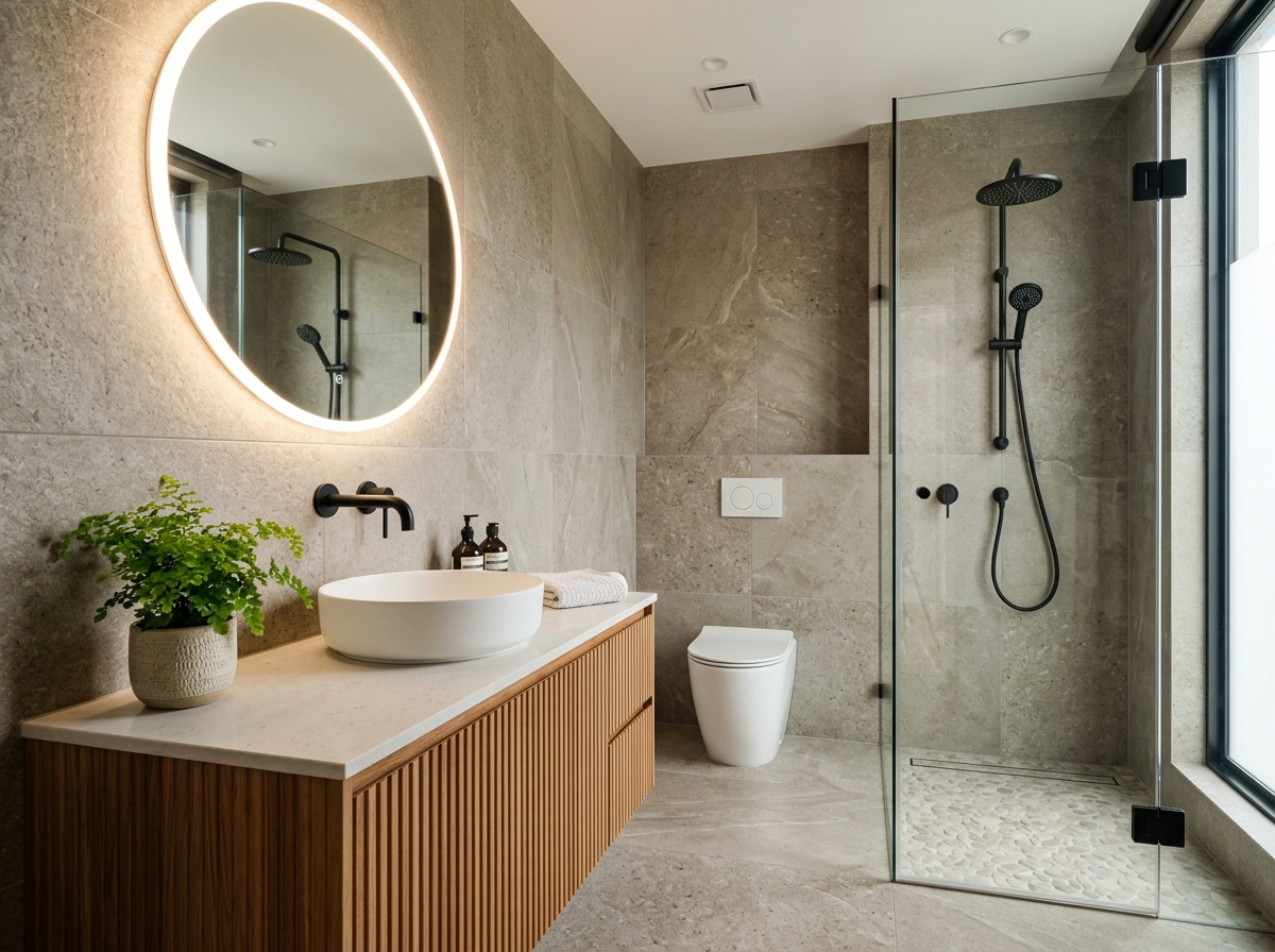 Modern bathroom vanity, sanitaryware, and hardware