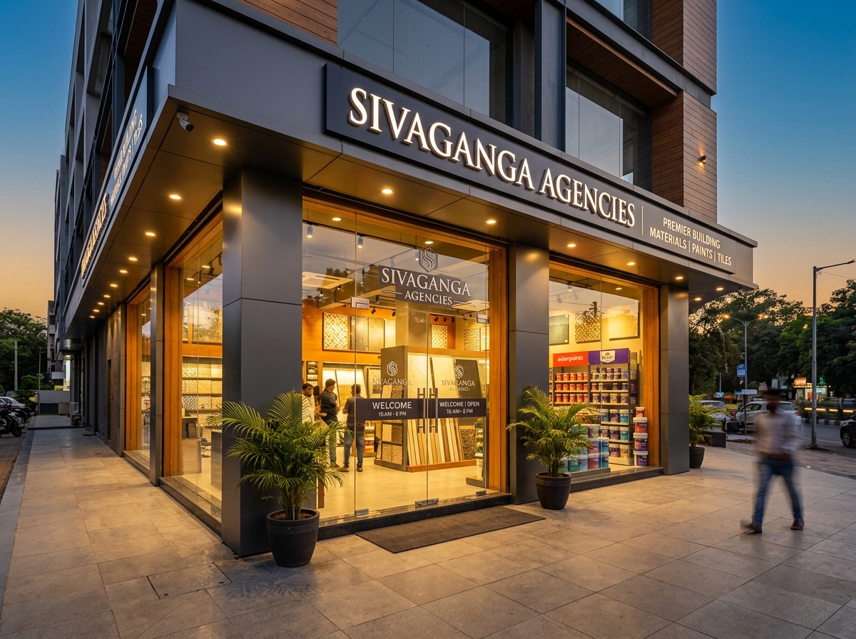 Sivaganga Agencies Storefront illuminated at dusk in Tirupati